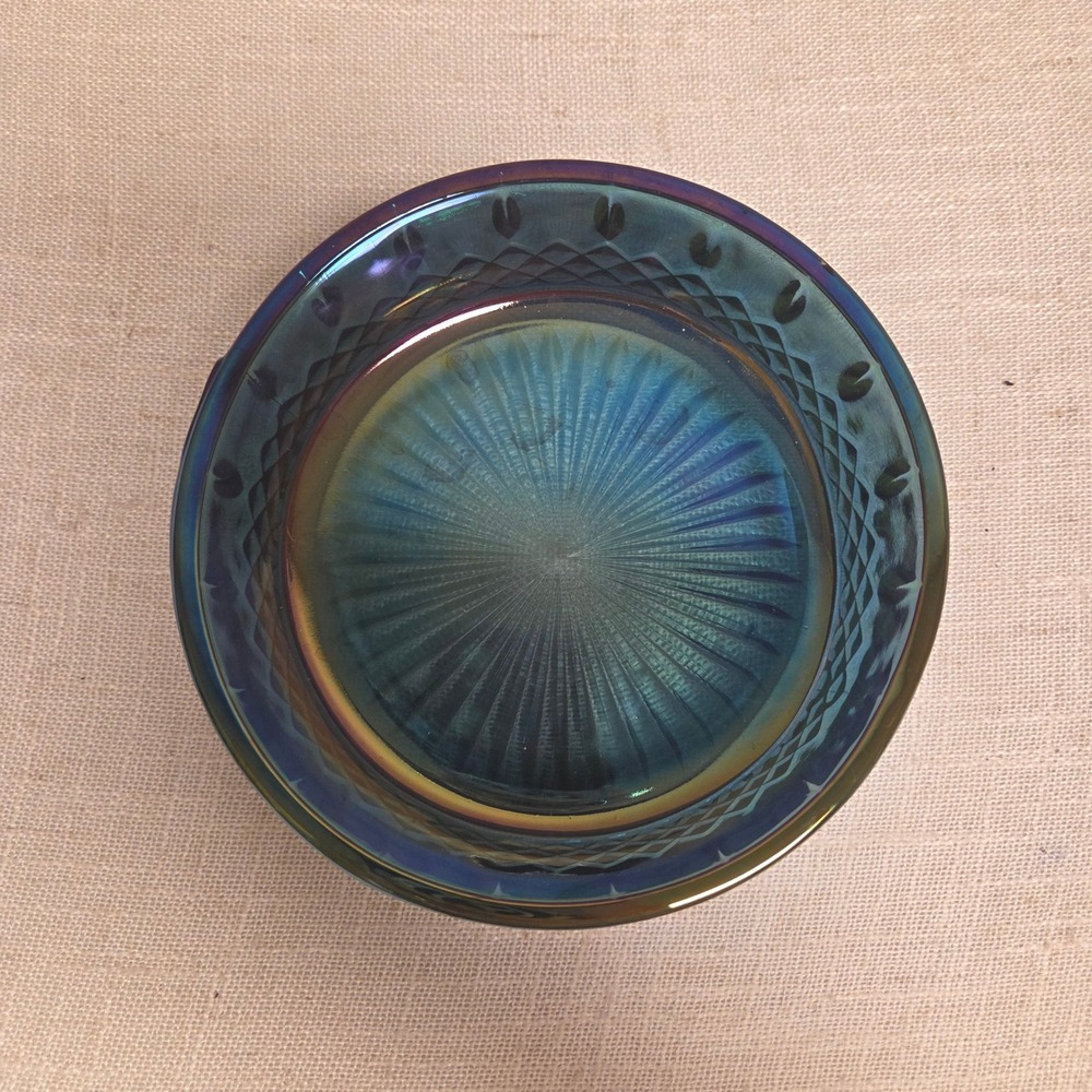 Vintage Blue Carnival Glass Trinket Dish with Lid Iridescent Oil Slick Jar - Picture 5 of 9